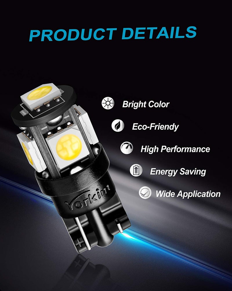 Yorkim مصابيح LED يوركيم 194 بيضاء 6000 ك سوبر برايت الجيل الخامس، مصباح LED T10 168 لداخل السيارة، ضوء القبة، خريطة، باب، ضوء الترخيص W5W 2825، عبوة من 10 - Image 5